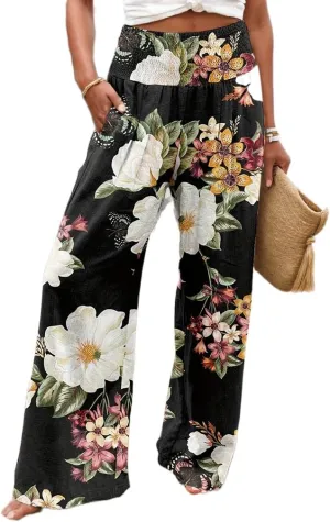 TIAFORD Wide Leg Palazzo Pants for Women Floral Printed Elastic High Waist Linen Pants Flowy Beach Trousers with Pocket