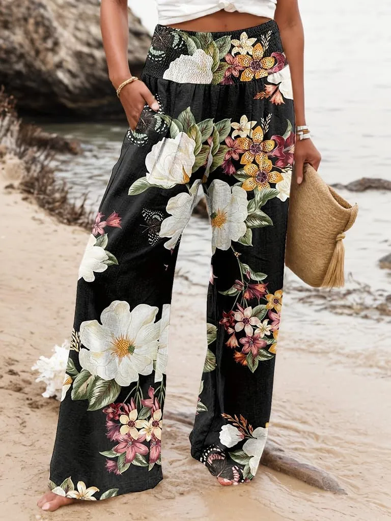 TIAFORD Wide Leg Palazzo Pants for Women Floral Printed Elastic High Waist Linen Pants Flowy Beach Trousers with Pocket