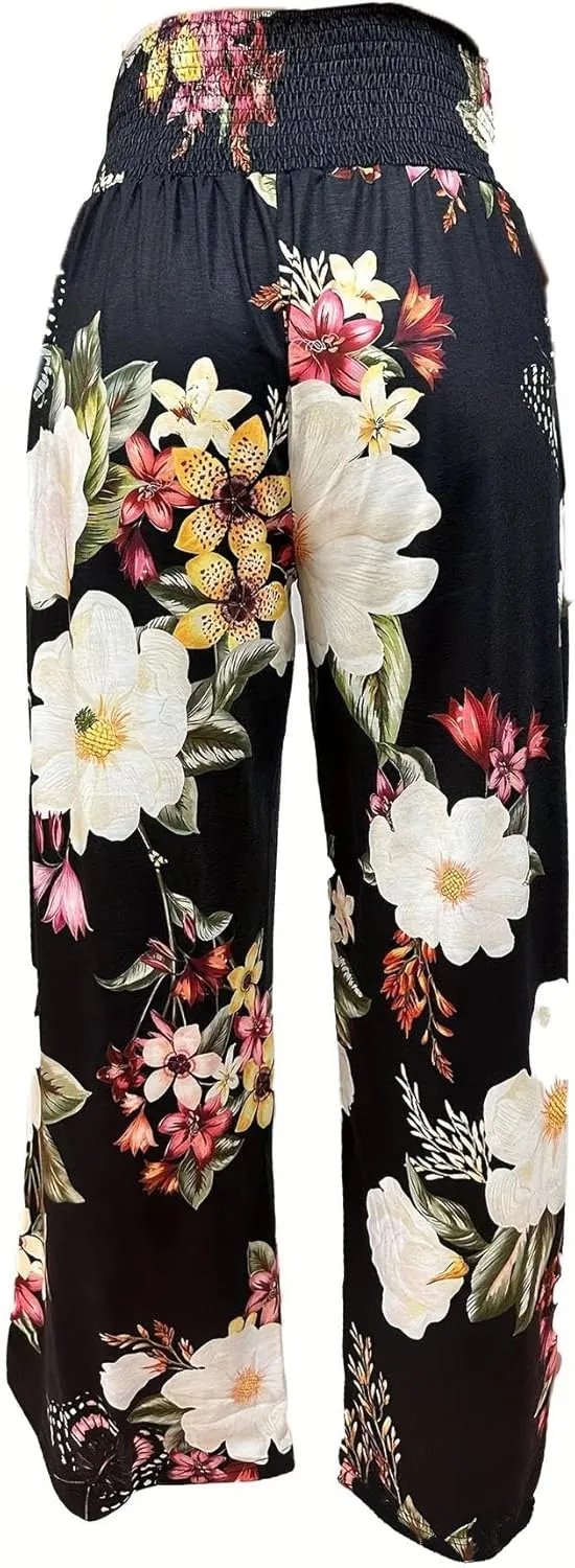TIAFORD Wide Leg Palazzo Pants for Women Floral Printed Elastic High Waist Linen Pants Flowy Beach Trousers with Pocket