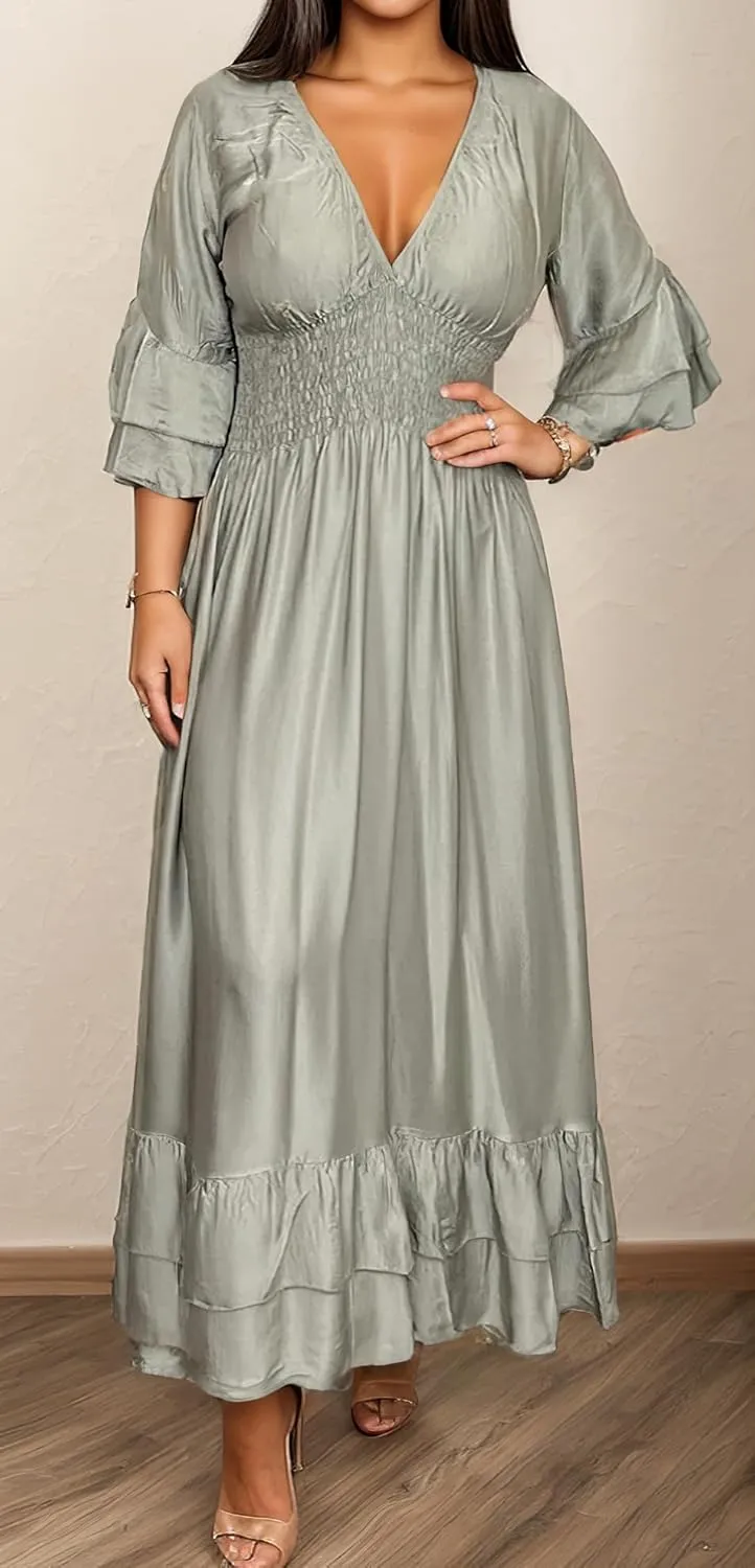 TIAFORD Women's Satin 3/4 Sleeve Ruffle Tiered Pleated Long Dress Flowy Sexy V Neck Smocked Elastic Waist Maxi Dresses