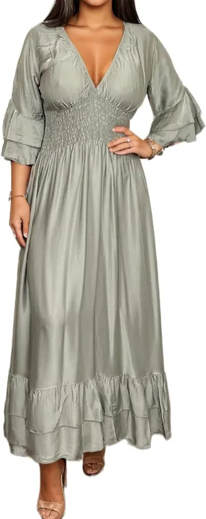 TIAFORD Women's Satin 3/4 Sleeve Ruffle Tiered Pleated Long Dress Flowy Sexy V Neck Smocked Elastic Waist Maxi Dresses