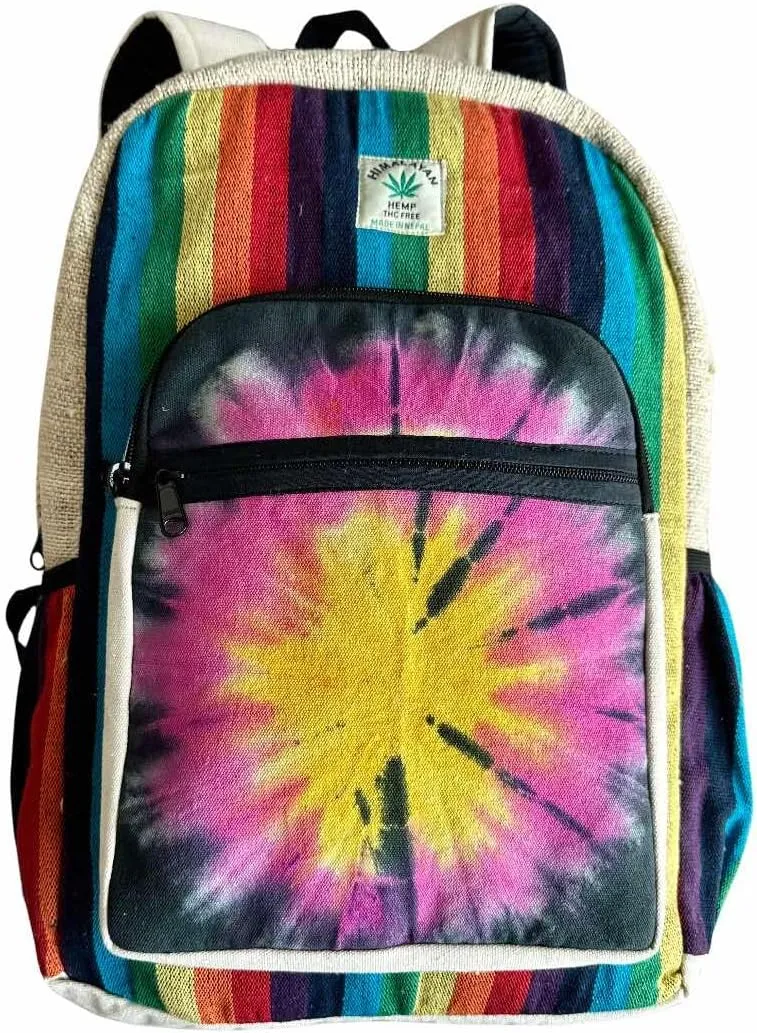 Tie Die rainbow color Hemp fabric back pack. Strongest multi pocket day pack for Laptop, Book bag, College, Travelling and Daily use. Hand made unisex design.