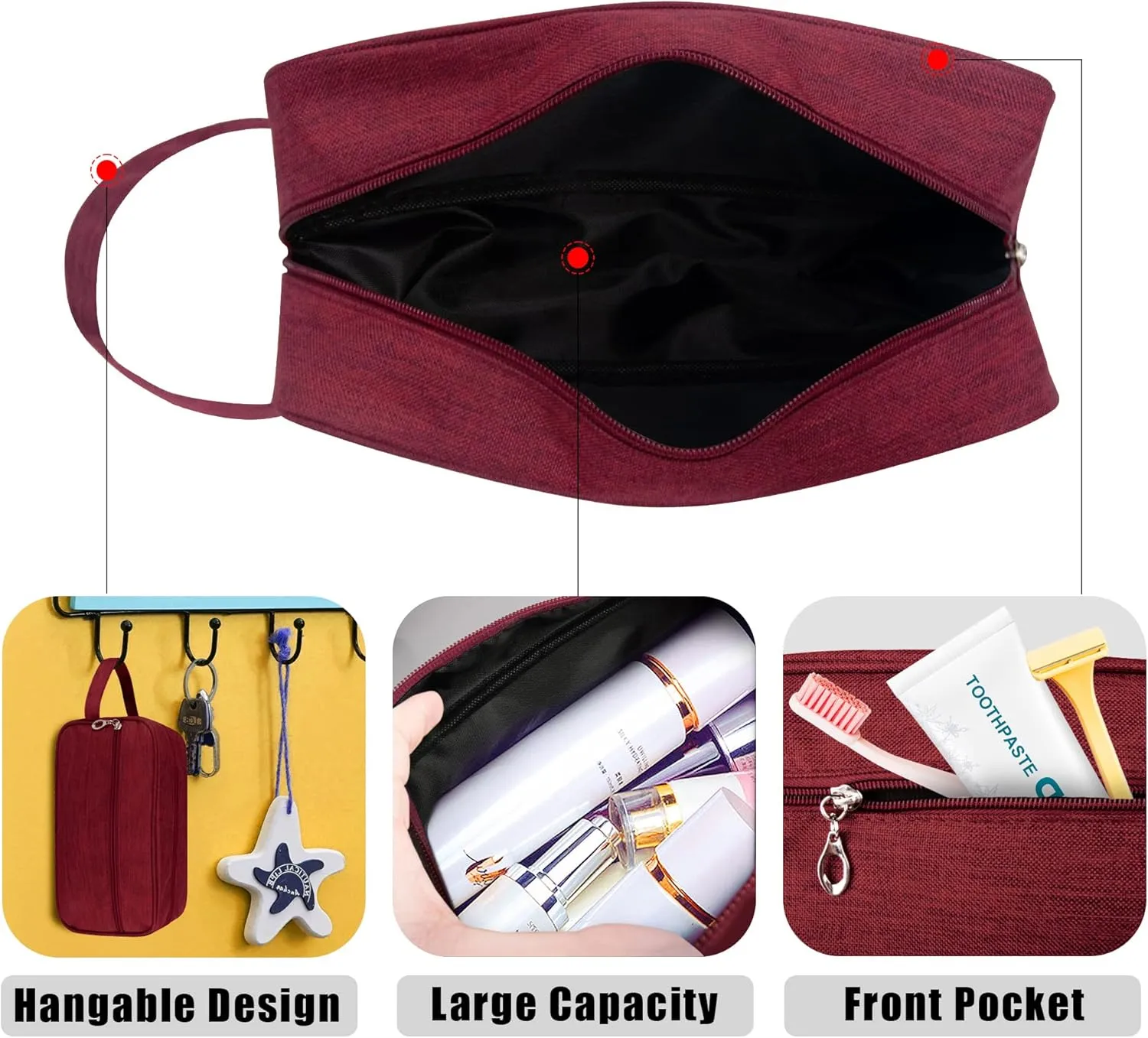 Toiletry Bag, Large Capacity Travel Bag for Toiletries, Waterproof Oxford Fabric Toiletry Organizer for Travel, Business Trips and Daily Use, Travel Essentials for Men or Women (Burgundy)