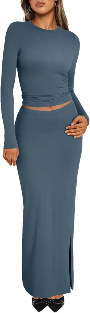 Trendy Queen 2 Piece Skirts Sets for Women Long Sleeve Crew Neck Crop Tops Bodycon Maxi Matching Clothes