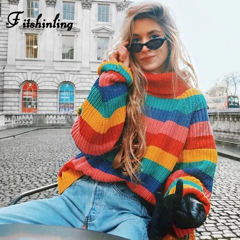 Turtlenecks Sweaters for Women Long Sleeve Striped Rainbow Striped Top Turtleneck Knitted Sweater Jumper Shirt