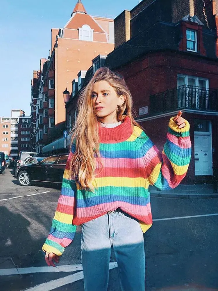 Turtlenecks Sweaters for Women Long Sleeve Striped Rainbow Striped Top Turtleneck Knitted Sweater Jumper Shirt
