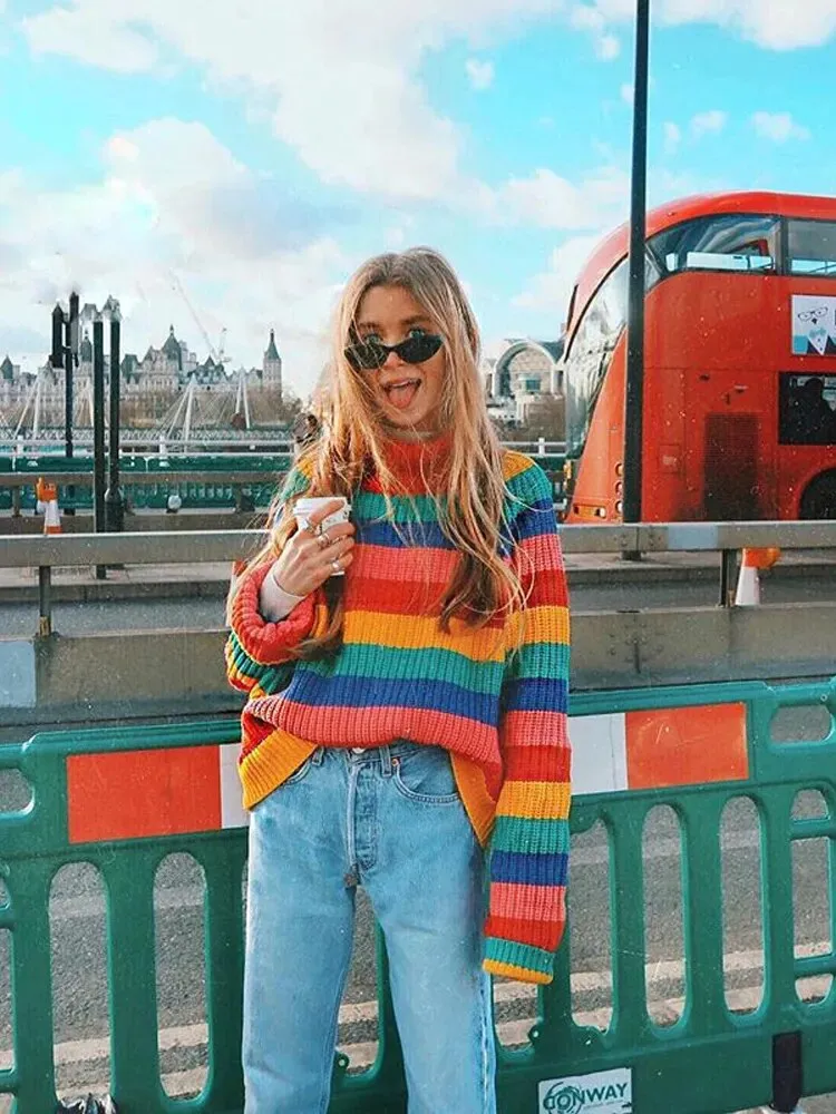 Turtlenecks Sweaters for Women Long Sleeve Striped Rainbow Striped Top Turtleneck Knitted Sweater Jumper Shirt