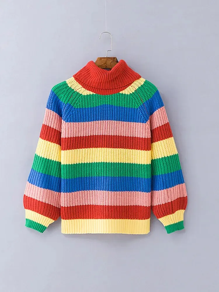 Turtlenecks Sweaters for Women Long Sleeve Striped Rainbow Striped Top Turtleneck Knitted Sweater Jumper Shirt