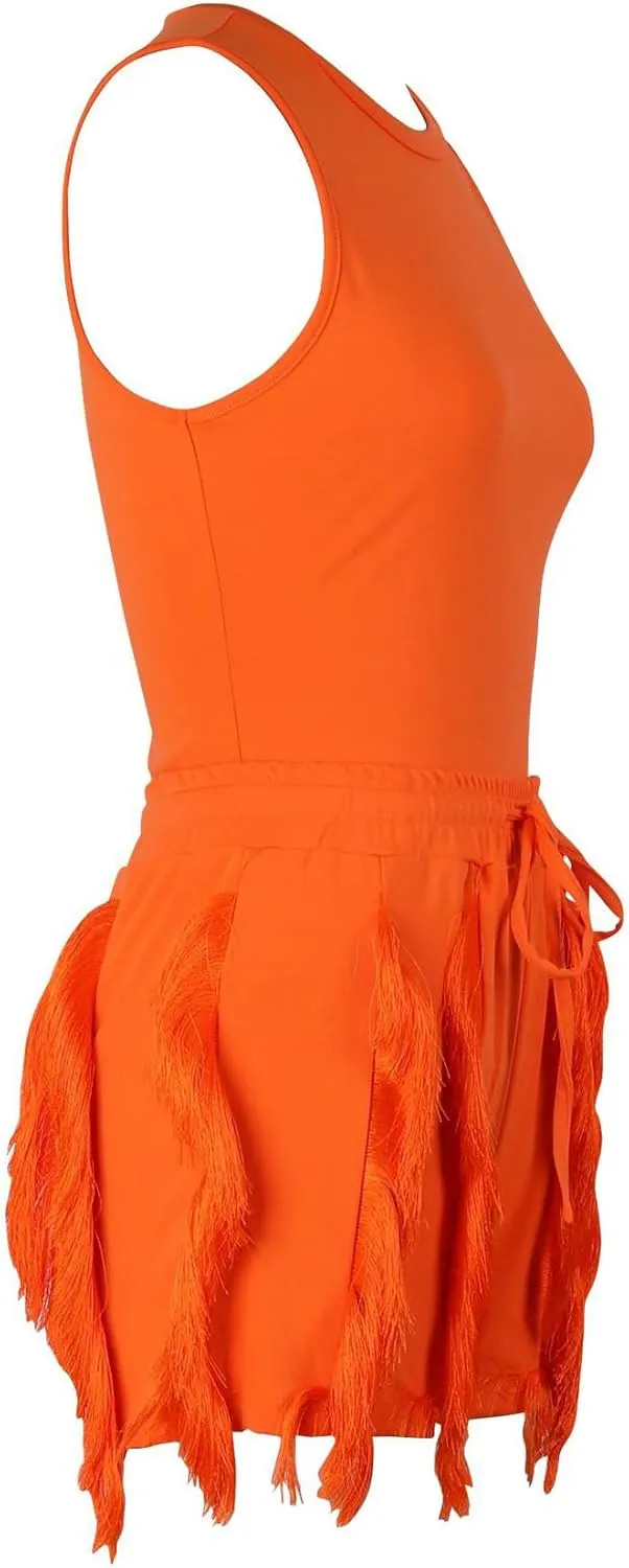 Two Piece Outfits for Women Sexy Sleeveless Sweatshirt Bodycon Fringe Tassel Shorts Pant Jumpsuit Set Clubwear