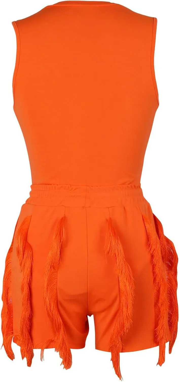 Two Piece Outfits for Women Sexy Sleeveless Sweatshirt Bodycon Fringe Tassel Shorts Pant Jumpsuit Set Clubwear