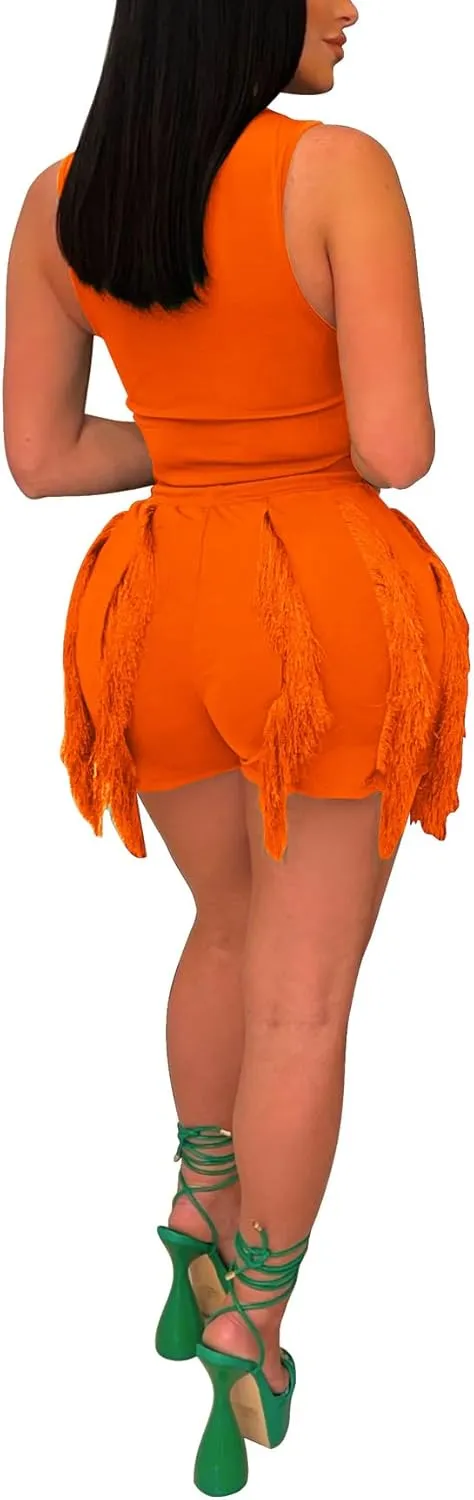 Two Piece Outfits for Women Sexy Sleeveless Sweatshirt Bodycon Fringe Tassel Shorts Pant Jumpsuit Set Clubwear