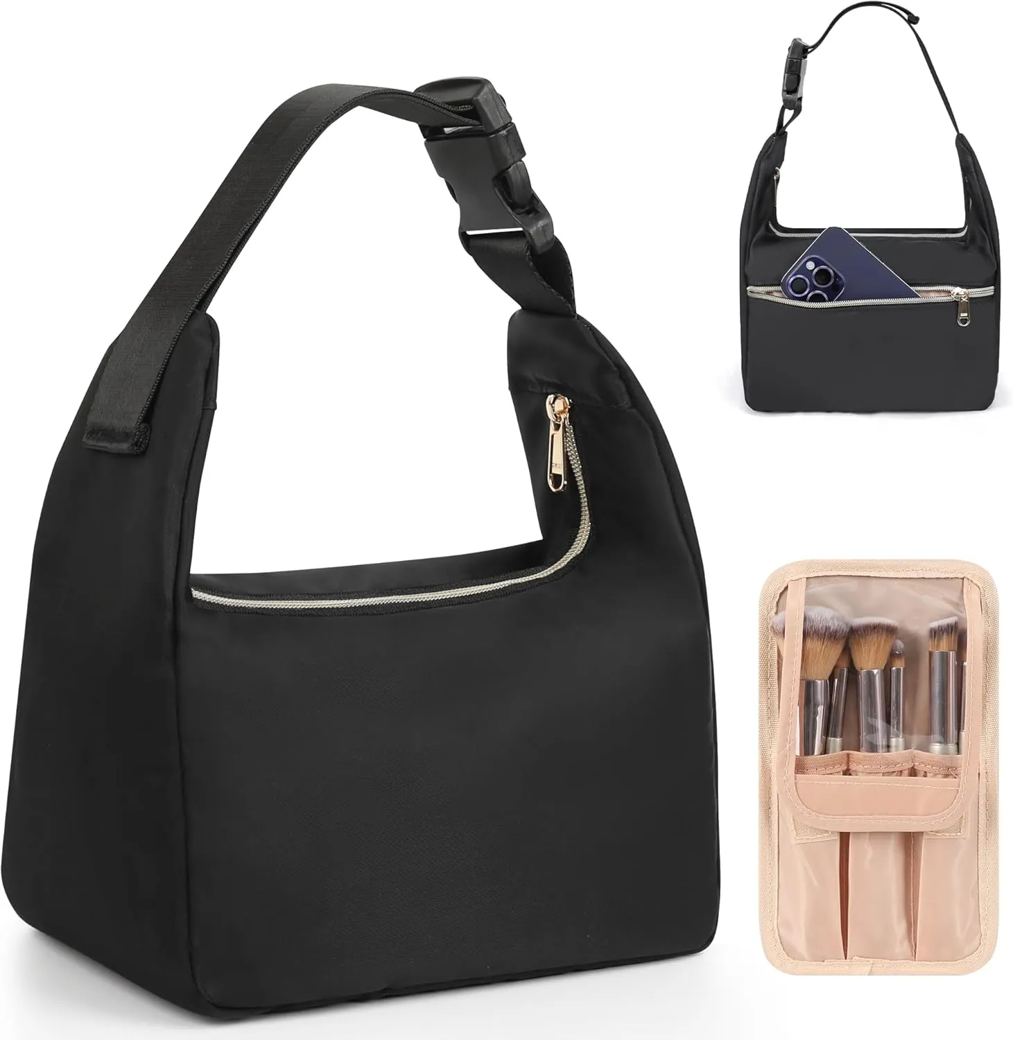 Twofold Portable Makeup Bag for Travel, Cosmetic Shoulder Bag with Removable Buckle, Compact Toiletry Organizer Storage with Accessories, Separate Makeup Brush Compartment for Daily Use