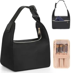 Twofold Portable Makeup Bag for Travel, Cosmetic Shoulder Bag with Removable Buckle, Compact Toiletry Organizer Storage with Accessories, Separate Makeup Brush Compartment for Daily Use
