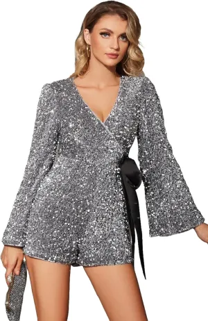 UNIQUE 21 Women Sequin Romper One Piece Shiny Wrap V Neck Shorts Jumpsuit Deep V Neck Long Sleeve Disco Dance Outfits
