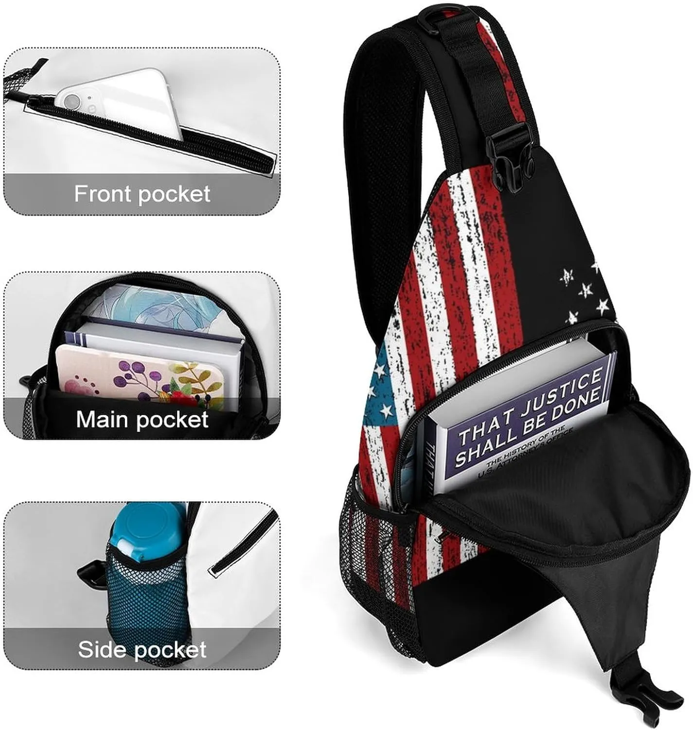 Unique Chest Bag Gym Sack Fashion Sling Shoulder Backpack Outdoor Sports Daypack Compatible with Cool American Flag, Multipurpose Adjustable Bag Small Camera Case for Daily Use
