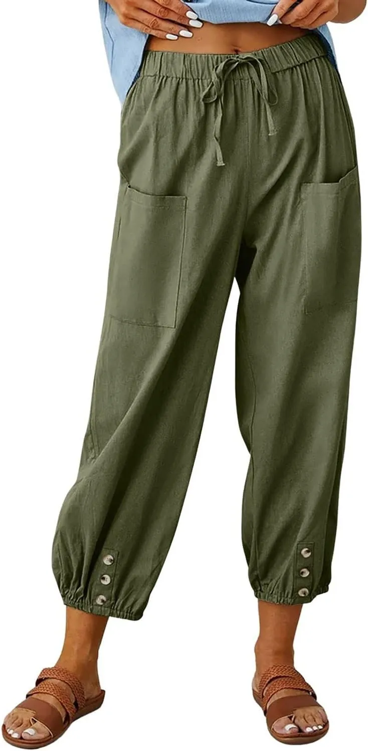 utcoco Women's Cotton Linen Harem Pants High Waist Drawstring Trousers Casual Loose Button Cropped Pants