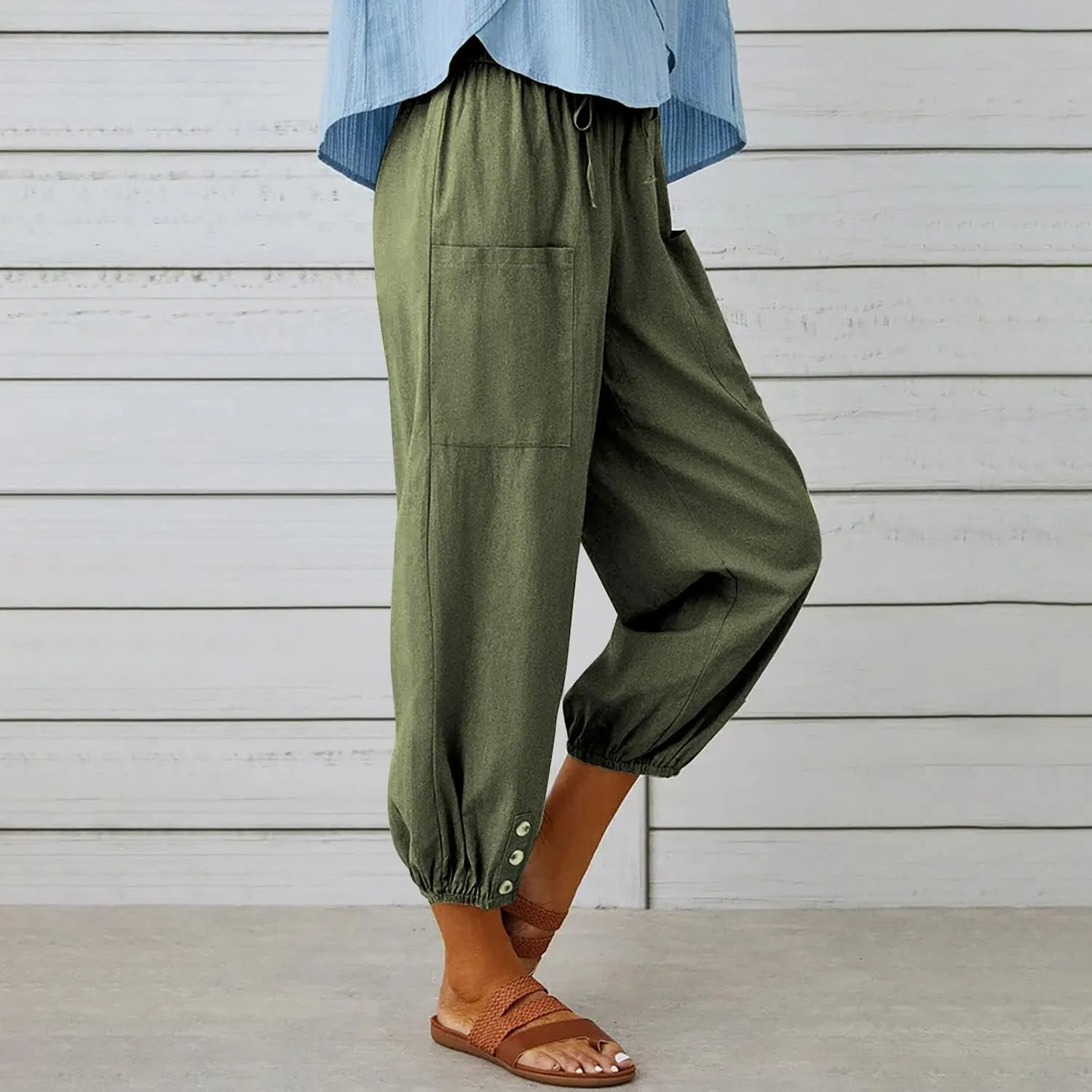 utcoco Women's Cotton Linen Harem Pants High Waist Drawstring Trousers Casual Loose Button Cropped Pants