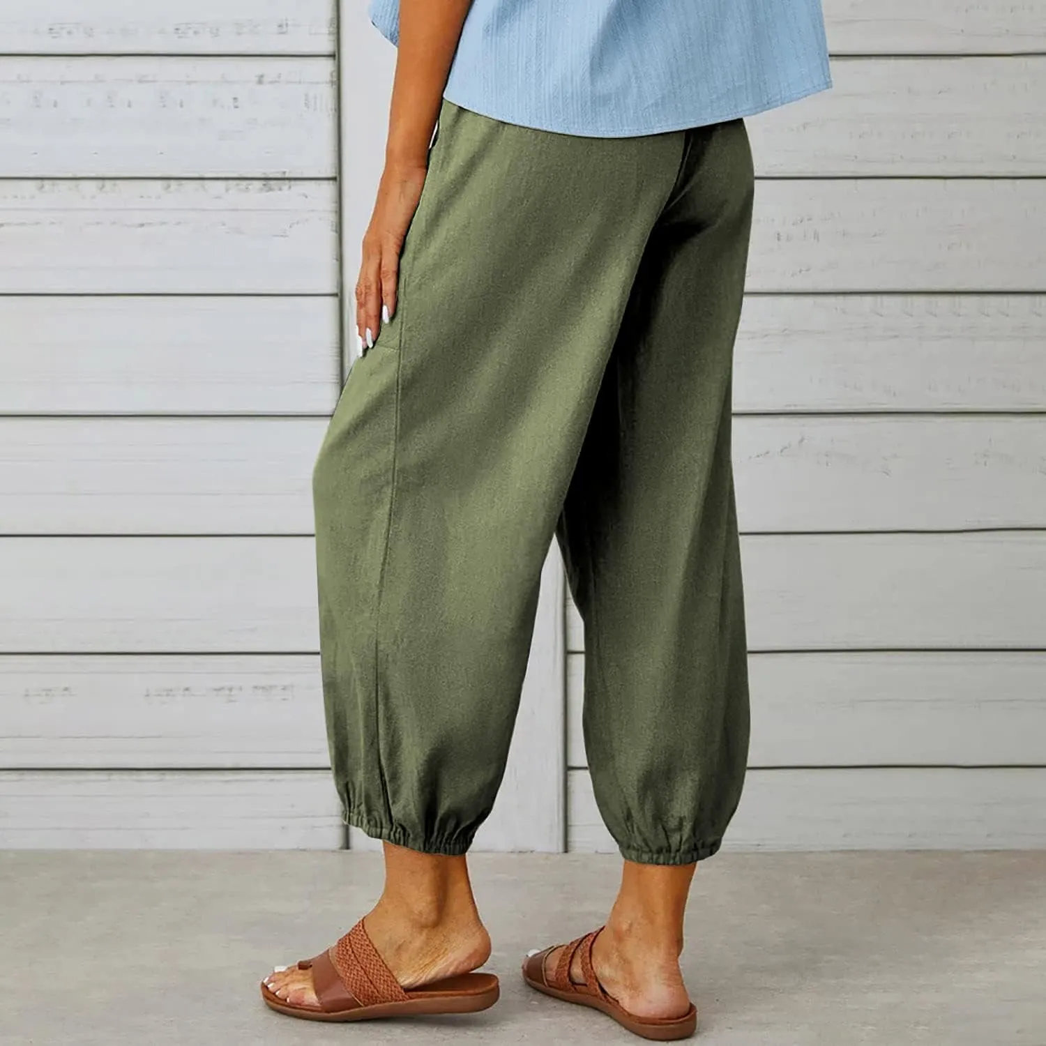 utcoco Women's Cotton Linen Harem Pants High Waist Drawstring Trousers Casual Loose Button Cropped Pants