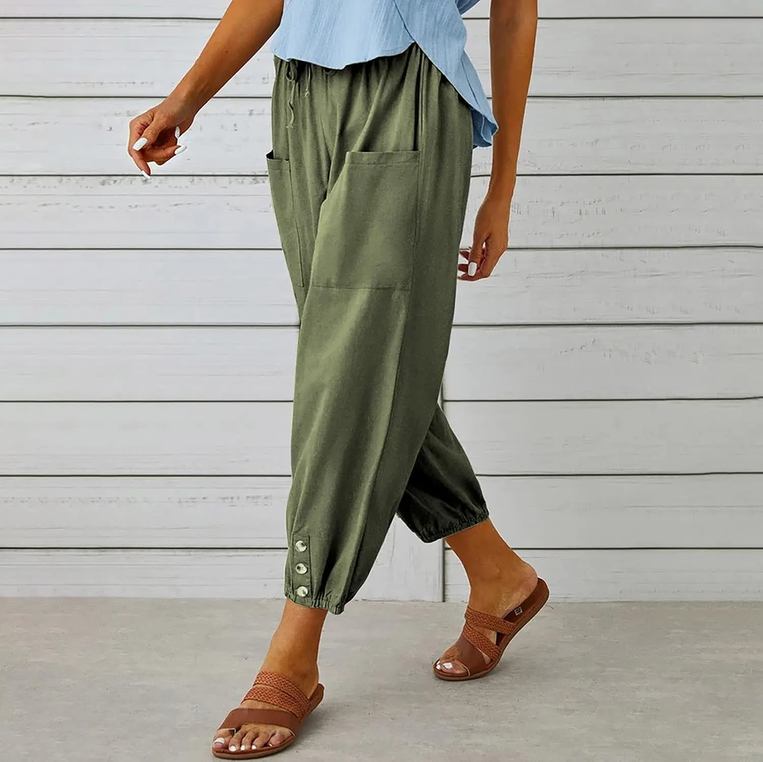 utcoco Women's Cotton Linen Harem Pants High Waist Drawstring Trousers Casual Loose Button Cropped Pants