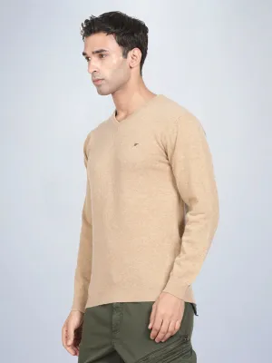 V Neck Lambswool Camel Full Sleeve Pullover