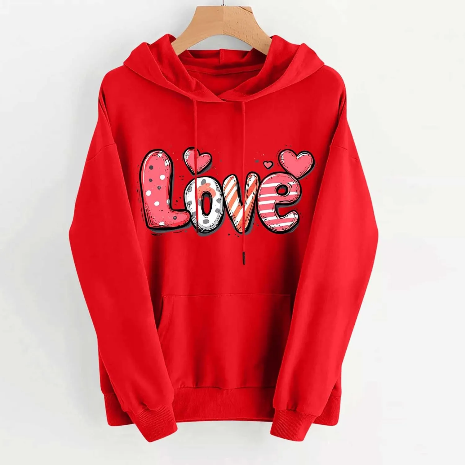 Valentines Shirt for Women Causal Heart Print Graphic Hoodies Long Sleeve Oversized Tops Plus Size Hooded Sweatshirts