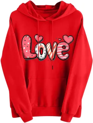 Valentines Shirt for Women Causal Heart Print Graphic Hoodies Long Sleeve Oversized Tops Plus Size Hooded Sweatshirts