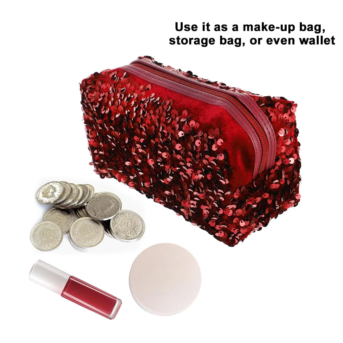 VALICLUD Sequin Cosmetic Bag Portable Glitter Makeup Zipper Bag Toiletry Bag Sequin Organizer Bag for Women Girls Travel Daily Use (Claret)