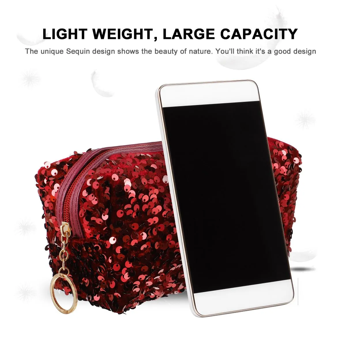 VALICLUD Sequin Cosmetic Bag Portable Glitter Makeup Zipper Bag Toiletry Bag Sequin Organizer Bag for Women Girls Travel Daily Use (Claret)