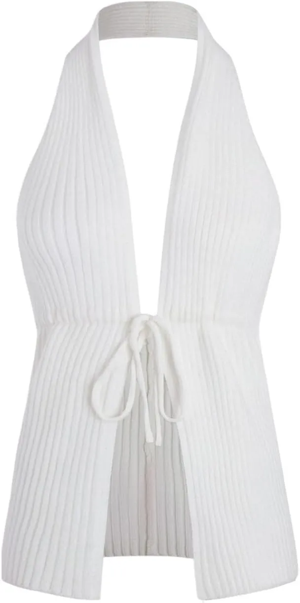 Verdusa Women's Old Money Halter Tops Bow Tie Front Backless Deep V Neck Split Knit Vest Trendy