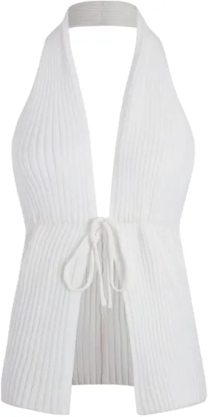Verdusa Women's Old Money Halter Tops Bow Tie Front Backless Deep V Neck Split Knit Vest Trendy