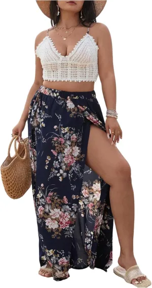 Verdusa Women's Plus Size 2 Piece Floral Outfits Crochet Tie Back Crop Camisole with Slit Maxi Skirt Set