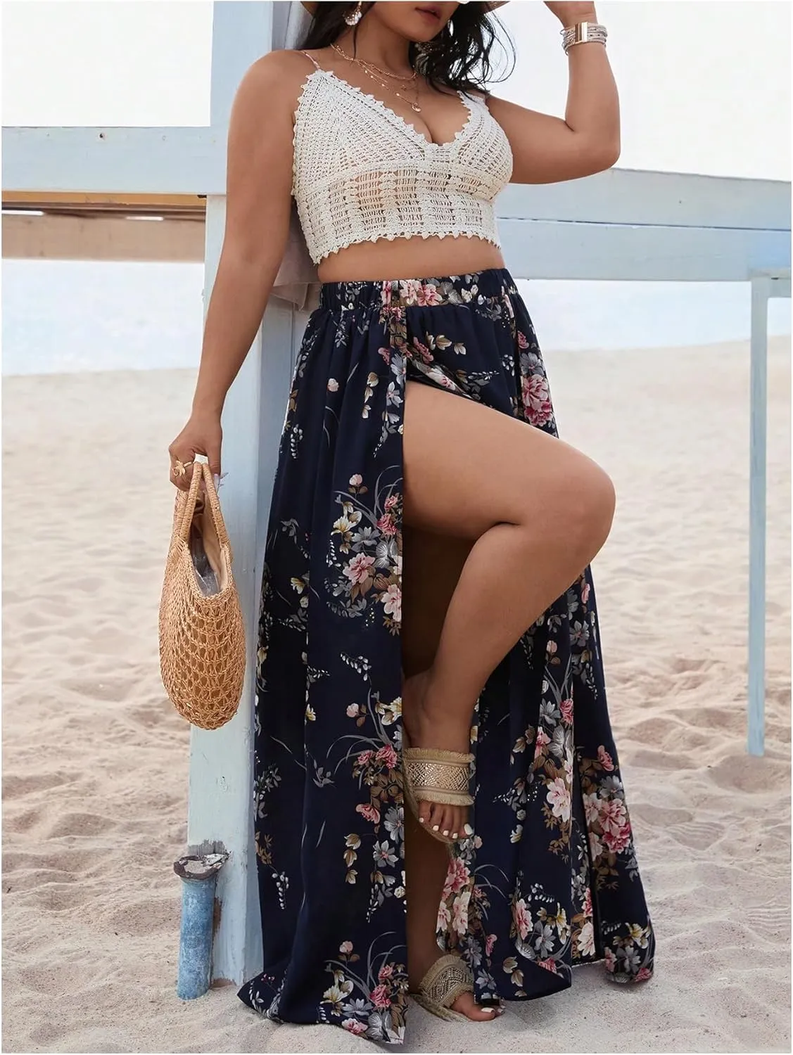 Verdusa Women's Plus Size 2 Piece Floral Outfits Crochet Tie Back Crop Camisole with Slit Maxi Skirt Set
