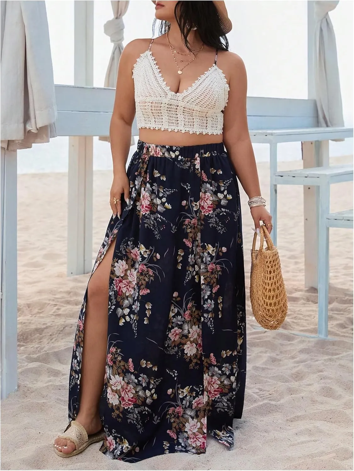 Verdusa Women's Plus Size 2 Piece Floral Outfits Crochet Tie Back Crop Camisole with Slit Maxi Skirt Set