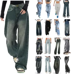 Vintage Baggy Jeans for Women High Waist Wide Leg Boyfriend Y2k Denim Pants Streetwear Hip Hop Trousers with Pockets