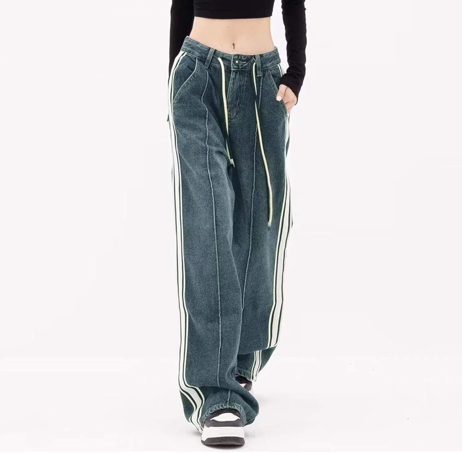 Vintage Baggy Jeans for Women High Waist Wide Leg Boyfriend Y2k Denim Pants Streetwear Hip Hop Trousers with Pockets