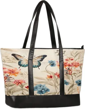 Vintage Floral Butterfly Laptop Tote Bag for Women Lightweight Work Purse with Multiple Compartments Fits 13-15.6 Inch Laptop Tablet Shoulder Bag for Office Travel Daily Use