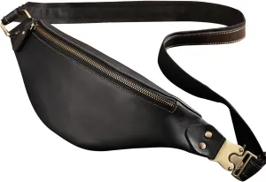 Vintage Men's Genuine Leather Waist Bag Chest Crossbody Bag, Casual Sling Bag for Sports Travel Daily Use Zipper and Buckle Closure (Black)