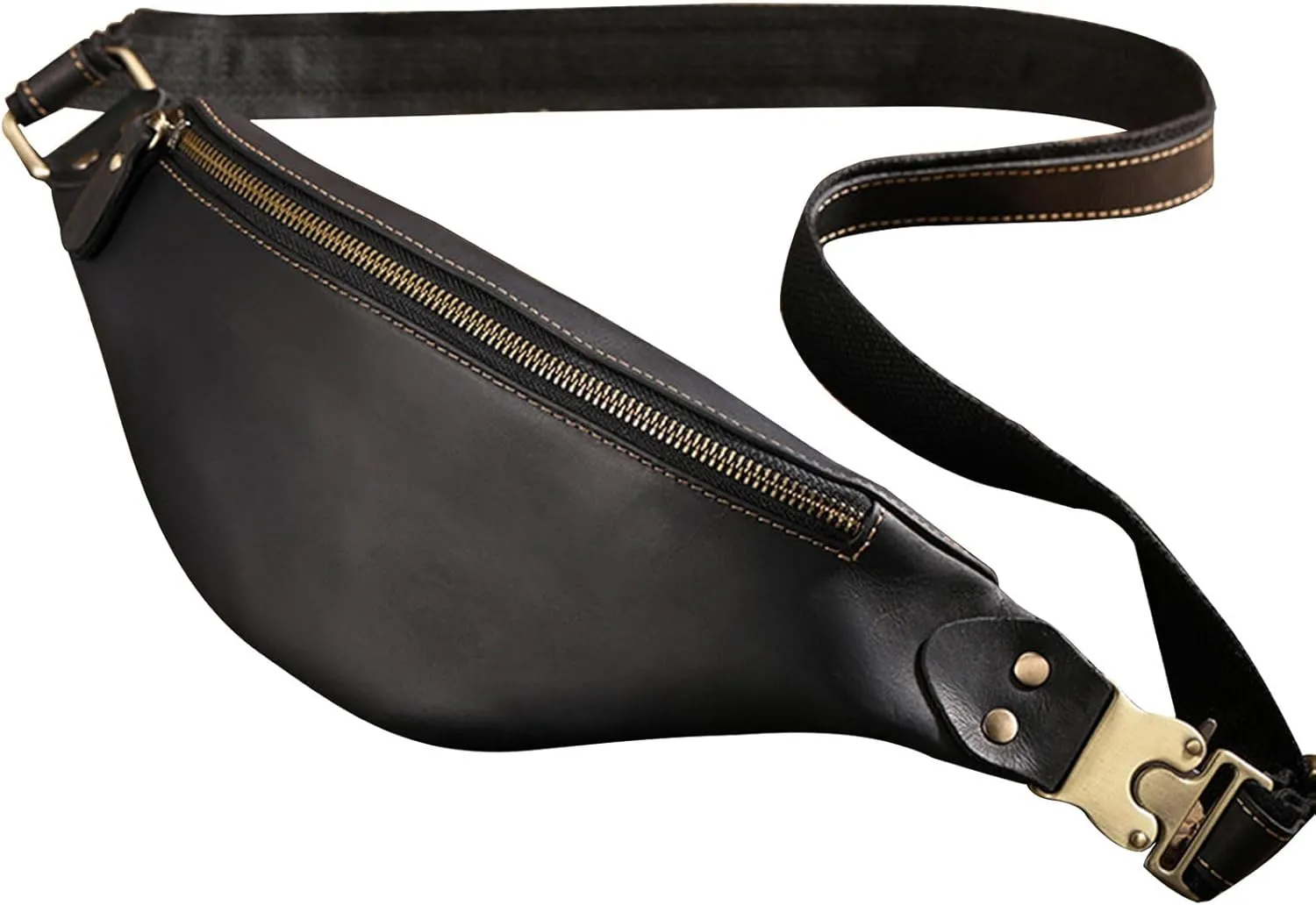 Vintage Men's Genuine Leather Waist Bag Chest Crossbody Bag, Casual Sling Bag for Sports Travel Daily Use Zipper and Buckle Closure (Black)