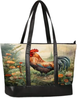 Vintage Rooster Flower Laptop Tote Bag for Women Lightweight Work Purse with Multiple Compartments Fits 13-15.6 Inch Laptop Tablet Shoulder Bag for Office Travel Daily Use
