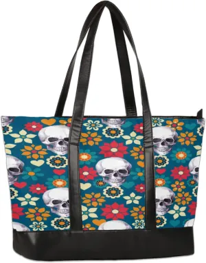Vintage Skulls Flowers Laptop Tote Bag for Women Lightweight Work Purse with Multiple Compartments Fits 13-15.6 Inch Laptop Tablet Shoulder Bag for Office Travel Daily Use