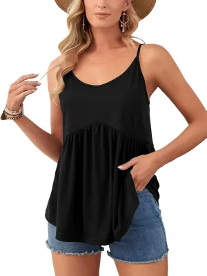 Vrtige Women's Spaghetti Strap Crewneck Pleated Ruffle Hem Sleeveless Cami Tank Peplum Top