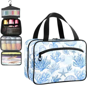 Watercolor Coral Shell Starfish Travel Toiletry Bag, Hanging Toiletry Bag Portable with Zipper, Sewing Storage with 4 Compartment and Hook for women/men Travel/Daily Use