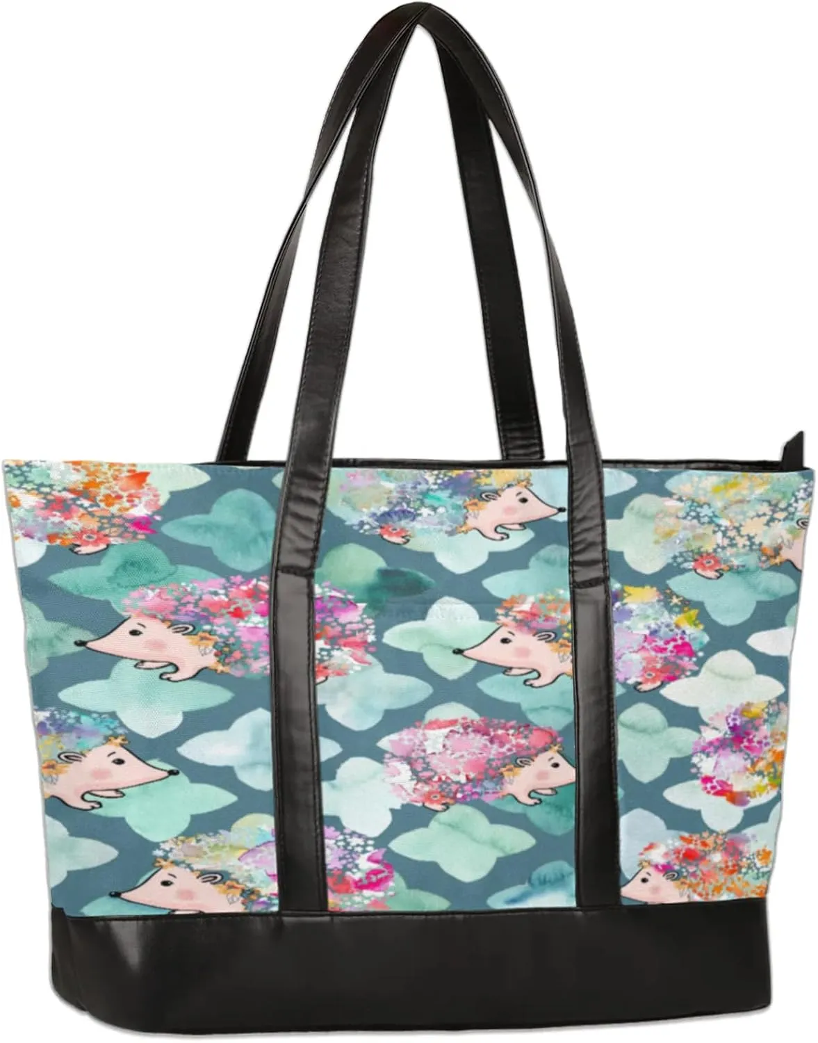 Watercolour Flower Hedgehog Laptop Tote Bag for Women Lightweight Work Purse with Multiple Compartments Fits 13-15.6 Inch Laptop Tablet Shoulder Bag for Office Travel Daily Use