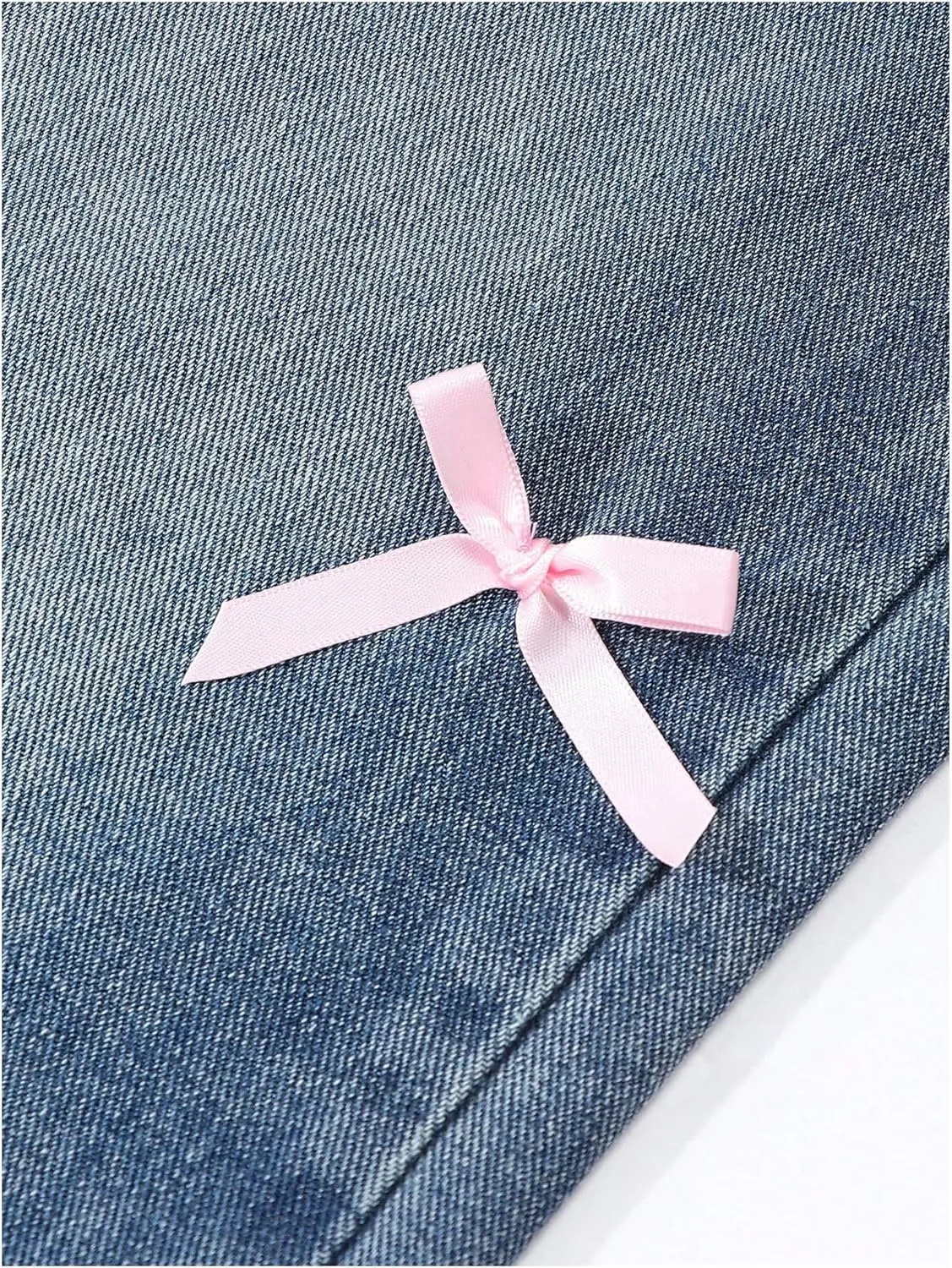 WDIRARA Girl's Bow Wide Leg Denim Pants Elastic High Waisted Y2k Jeans with Pockets