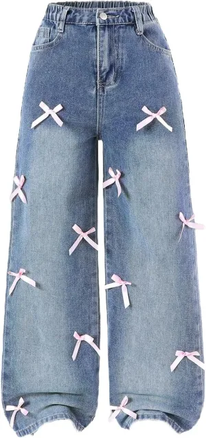 WDIRARA Girl's Bow Wide Leg Denim Pants Elastic High Waisted Y2k Jeans with Pockets