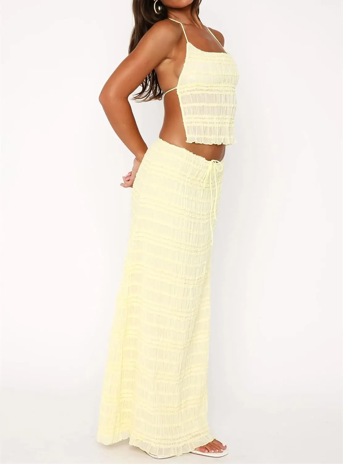 Winioder Women Y2K Ruched Maxi Skirt Set Backless Halter Neck Cami Top and Long Skirt Sets Beach Vacation 2 Piece Outfit