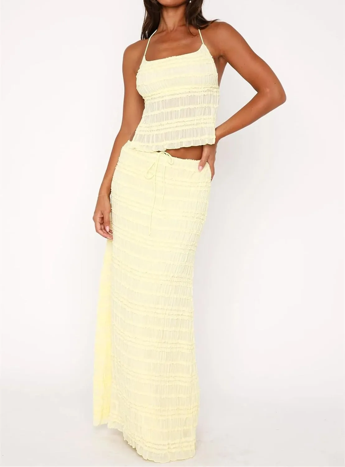 Winioder Women Y2K Ruched Maxi Skirt Set Backless Halter Neck Cami Top and Long Skirt Sets Beach Vacation 2 Piece Outfit