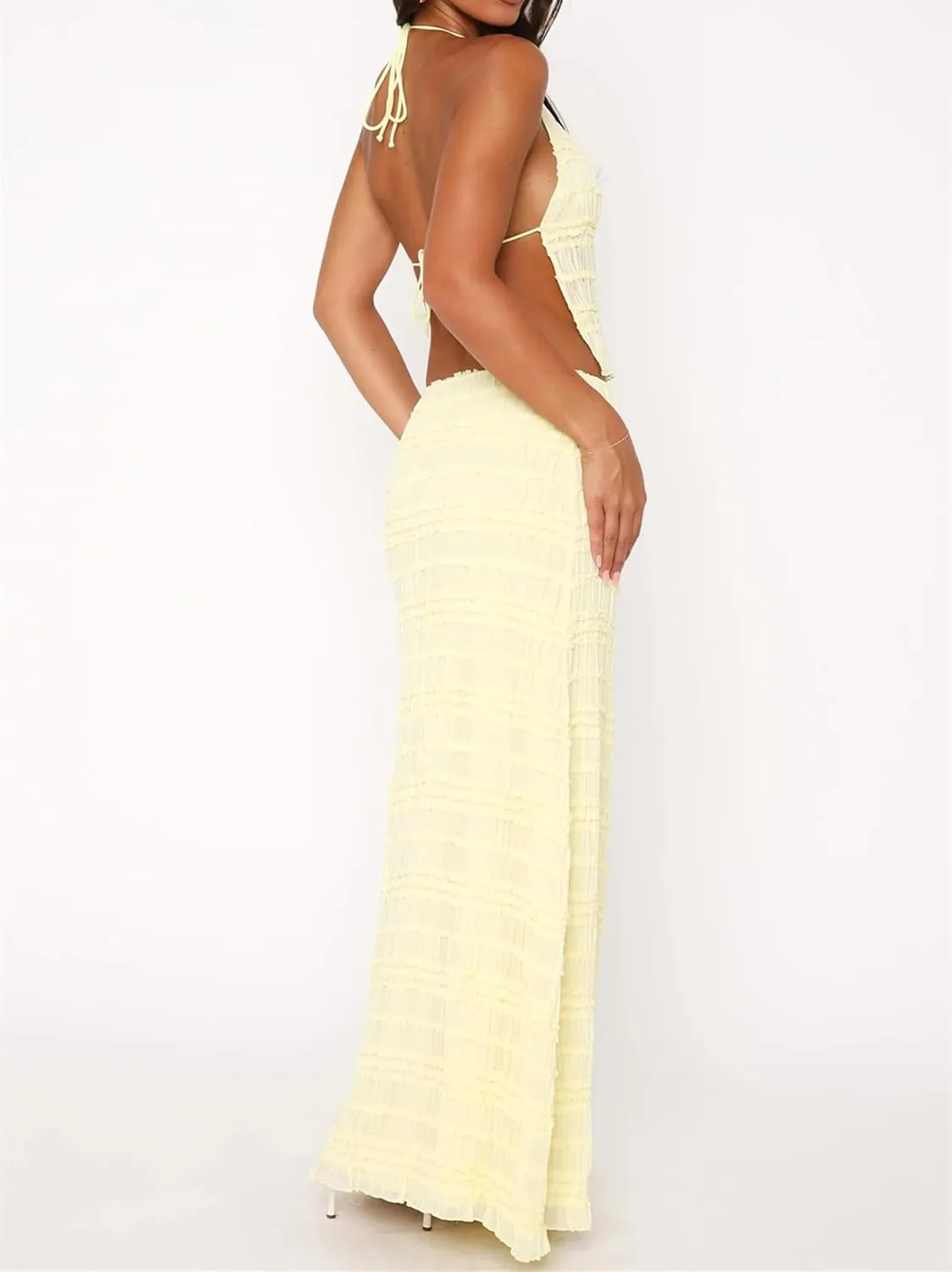 Winioder Women Y2K Ruched Maxi Skirt Set Backless Halter Neck Cami Top and Long Skirt Sets Beach Vacation 2 Piece Outfit