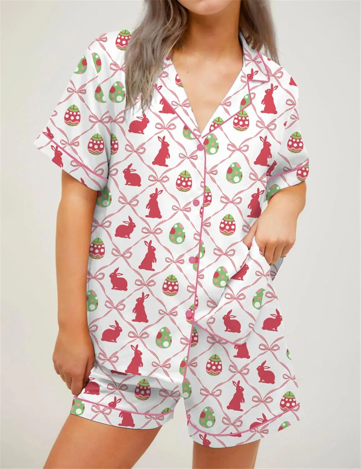 Women 2 Piece Easter Pajamas Set Silk Satin Short Sleeve Shirt Elastic Waist Shorts Cute Print Pjs Sets Loungewear