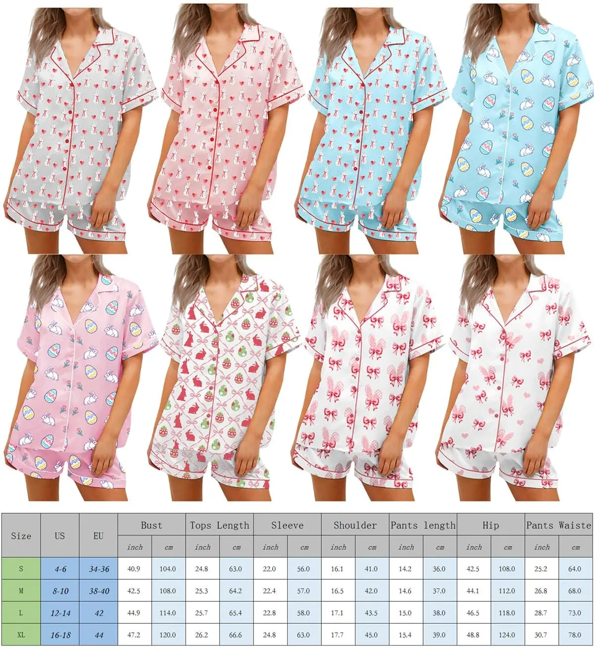 Women 2 Piece Easter Pajamas Set Silk Satin Short Sleeve Shirt Elastic Waist Shorts Cute Print Pjs Sets Loungewear